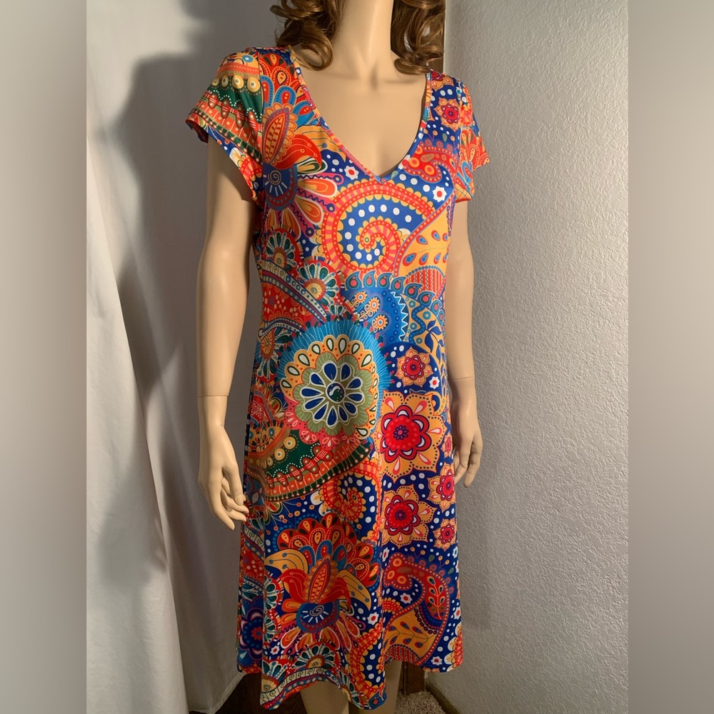 WOMENS NEW MEDIUM NORACORA SHORT SLEEVE MULTI COLORED ABSTRACT PRINT DRESS